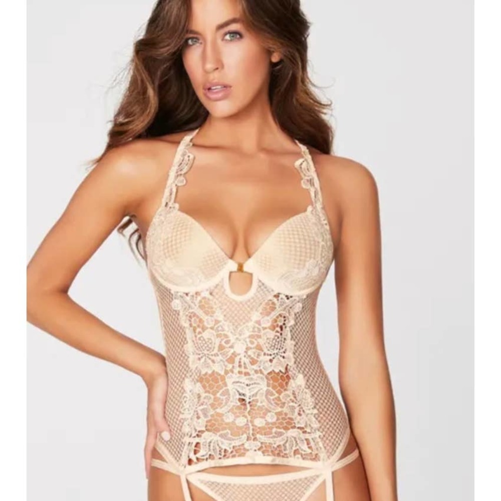 Frederick's of Hollywood Alexa Zoe Guipure Lace Halter Corset | Ivory | M
